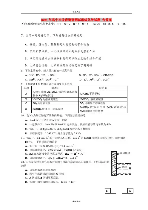 2021年高中毕业班调研测试理综化学试题 含答案