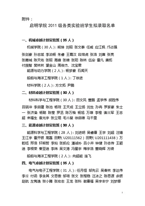 启明学院2011级各类实验班学生拟录取名单