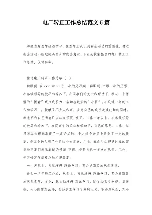 电厂转正工作总结范文5篇