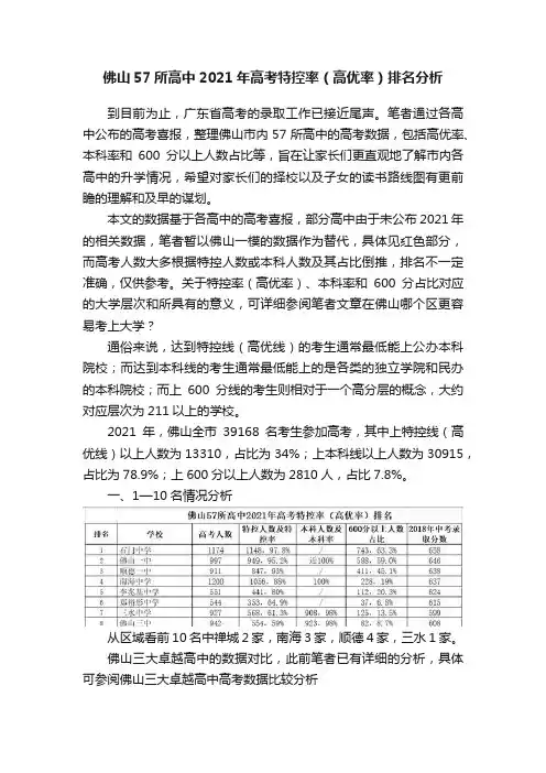 佛山57所高中2021年高考特控率（高优率）排名分析
