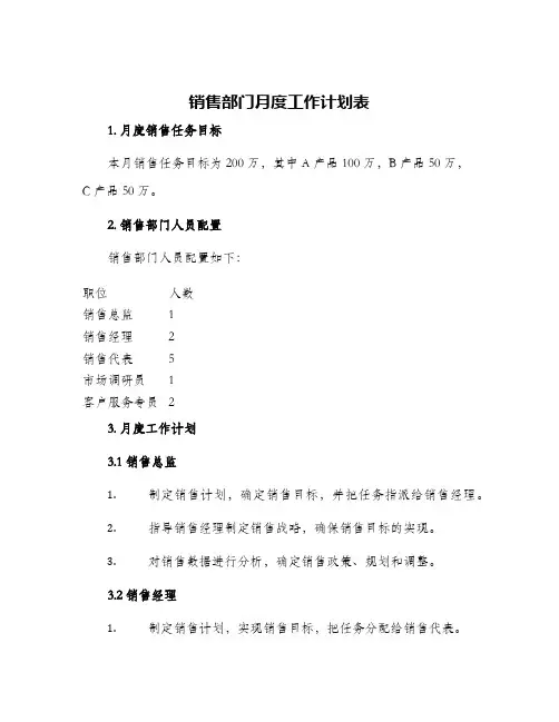 销售部门月度工作计划表