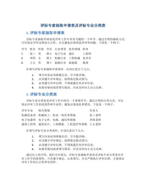 评标专家抽取申请表及评标专业分类表