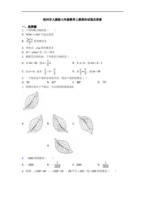 杭州市人教版七年级数学上册期末试卷及答案