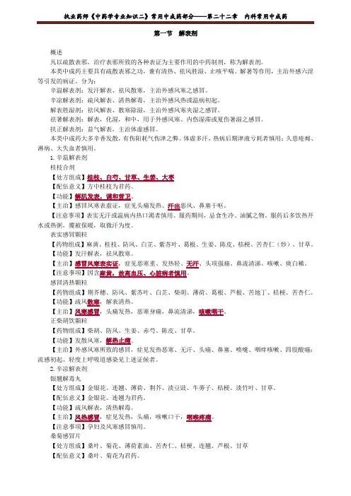 执业药师《中药学专业知识二》常用中成药部分——第二十二章 内科常用中成药