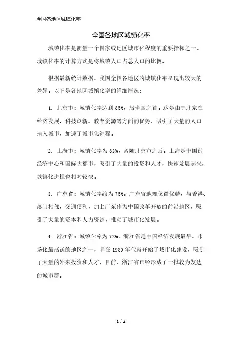 全国各地区城镇化率简版修正