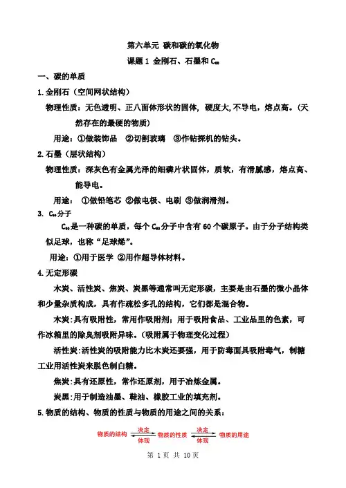人教版九年级上册化学第六单元 碳和碳的氧化物 知识点归纳总结