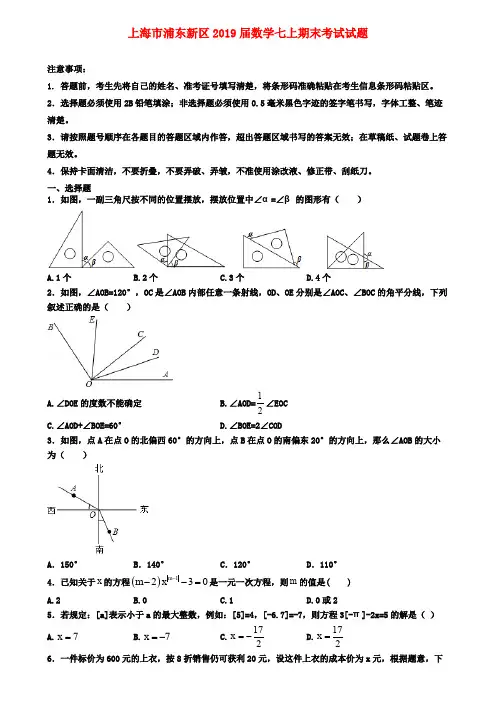 上海市浦东新区2019届数学七上期末考试试题