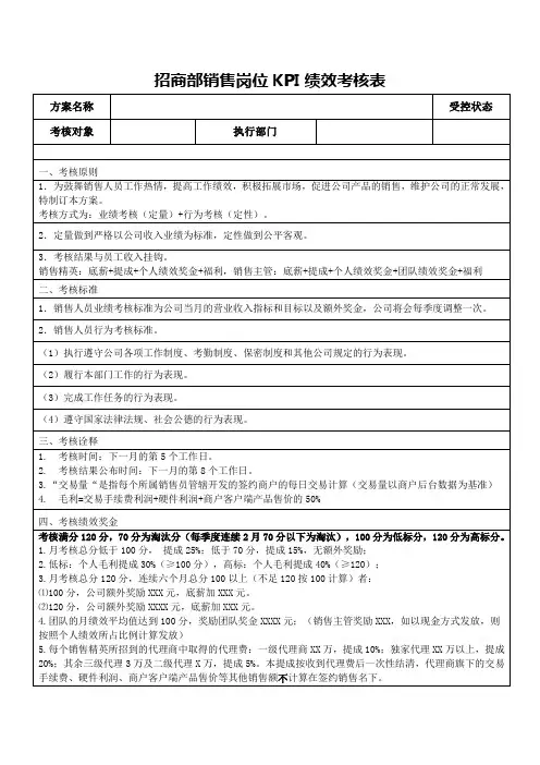 招商部销售岗位KPI绩效考核表