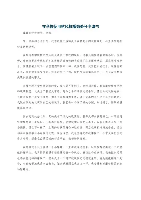 在学校使用吹风机撤销处分申请书