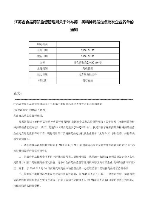 江苏省食品药品监督管理局关于公布第二类精神药品定点批发企业名单的通知-苏食药监安[2006]156号