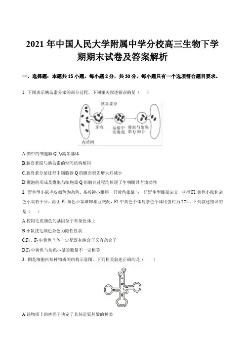2021年中国人民大学附属中学分校高三生物下学期期末试卷及答案解析