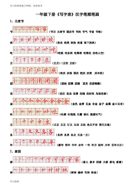 北师大版语文一年级下生字表带笔顺笔画(写字表)