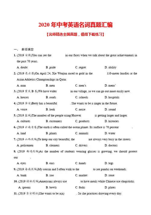 2020年中考英语名词真题汇编(含答案)