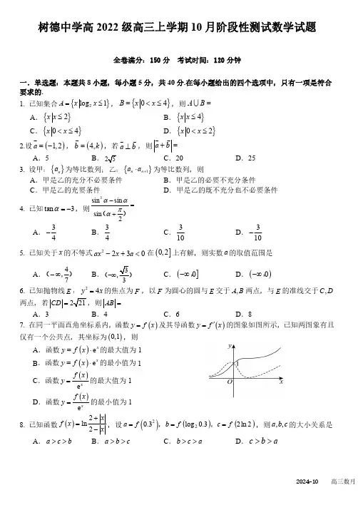 2024-2025学年四川省成都市树德中学高三上学期10月月考数学试题及答案