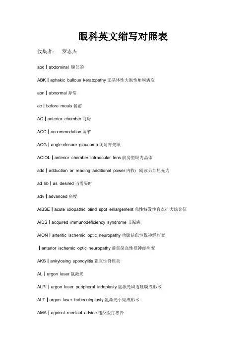 眼科英文缩写对照表