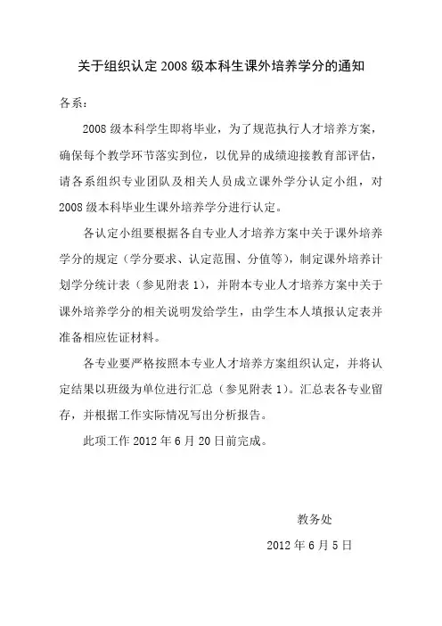 关于2008级学生课外培养学分认定的通知