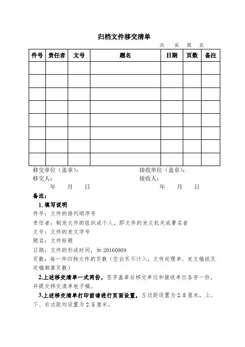 归档文件移交清单