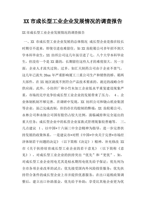 XX市成长型工业企业发展情况的调查报告