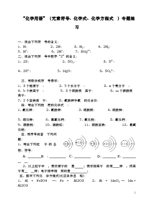 化学用语（元素符号、化学式、化学方程式）专题练习
