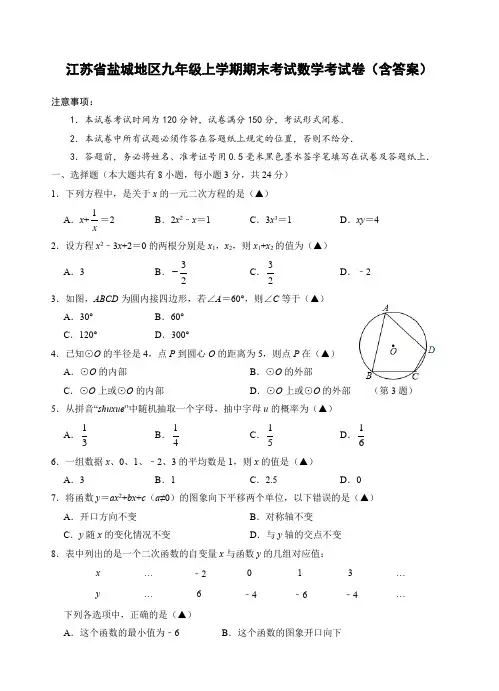 江苏省盐城地区九年级上学期期末考试数学考试卷(含答案)