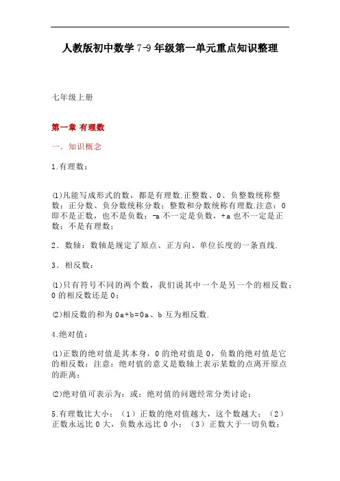人教版初中数学7-9年级第一单元重点知识整理