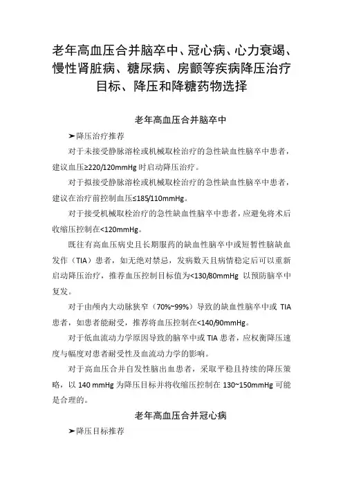 老年高血压合并脑卒中、冠心病、心力衰竭、慢性肾脏病、糖尿病、房颤疾病降压治疗目标、降压和降糖药物选择