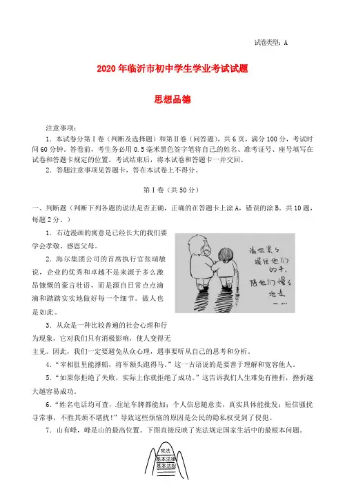 山东省临沂市2020年中考政治真题试题(含答案)