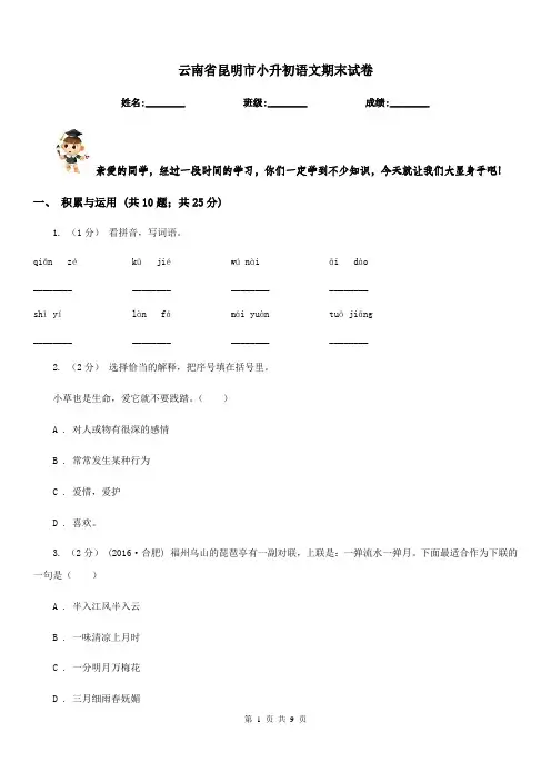 云南省昆明市小升初语文期末试卷