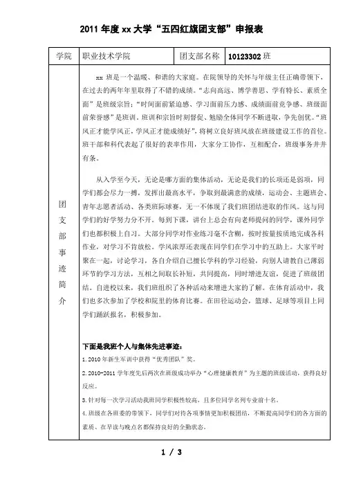 大学班级“五四红旗团支部”申报表模板