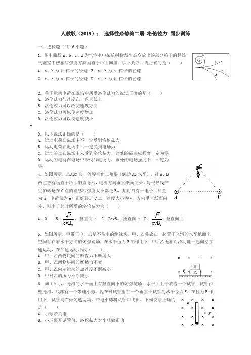 洛伦兹力 同步训练—高二物理人教版(2019)选择性必修第二册