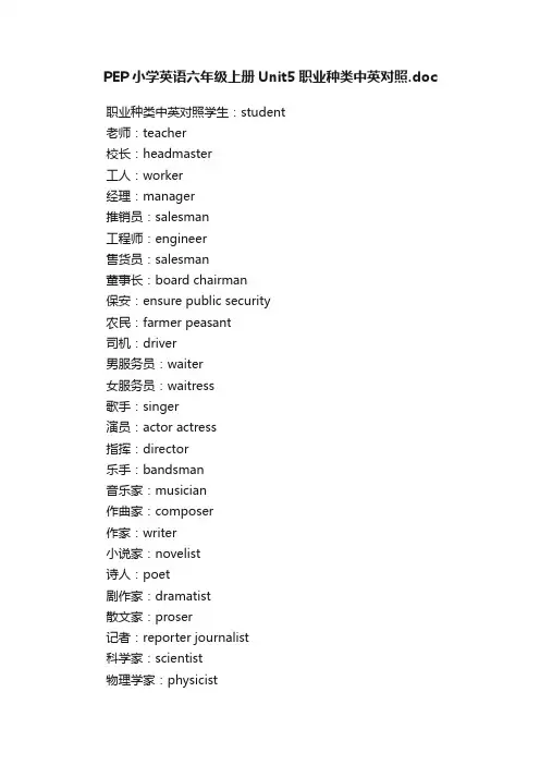 PEP小学英语六年级上册Unit5职业种类中英对照.doc