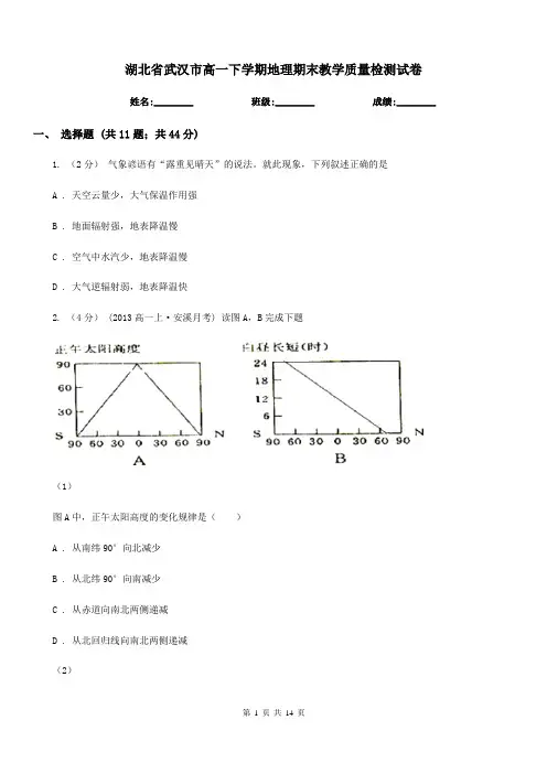 湖北省武汉市高一下学期地理期末教学质量检测试卷