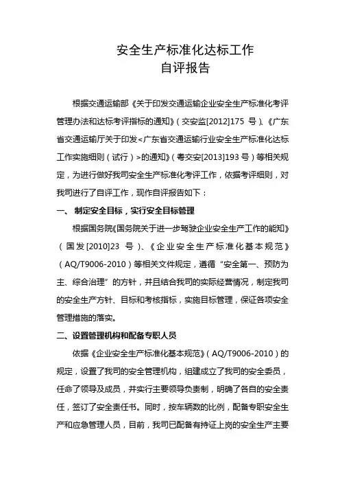 安全生产标准化达标工作 自评报告