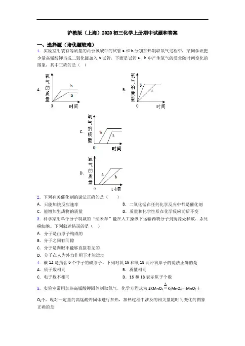 沪教版(上海)2020初三初三化学上册期中试题和答案