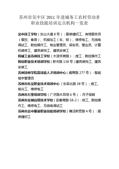 苏州市吴中区2011年进城务工农村劳动者职业技能培训定点机构一览表