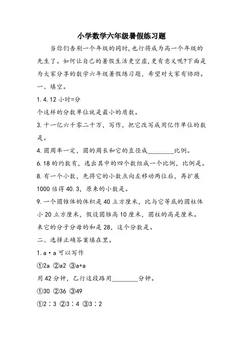 小学数学六年级暑假练习题