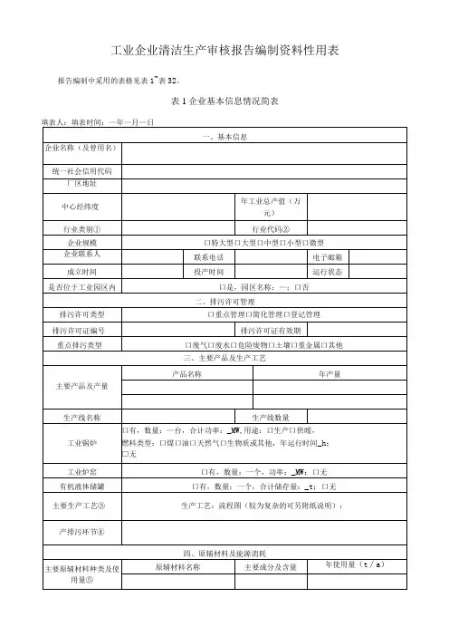 工业企业清洁生产审核报告编制资料性用表