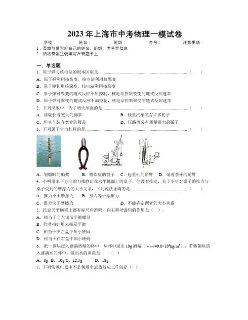 2023年上海市中考物理一模试卷附解析