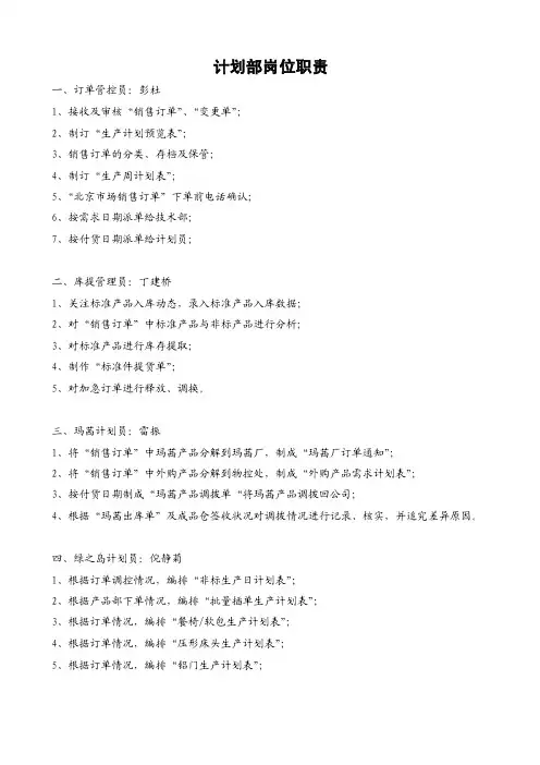 计划部岗位职责