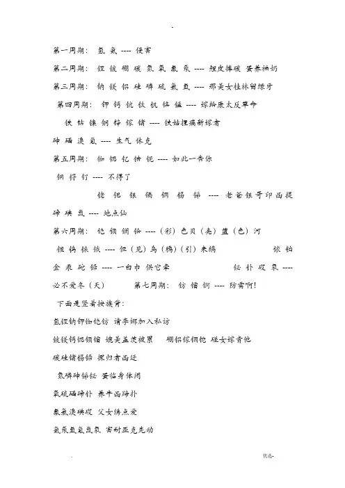 九年级化学元素周期表口诀