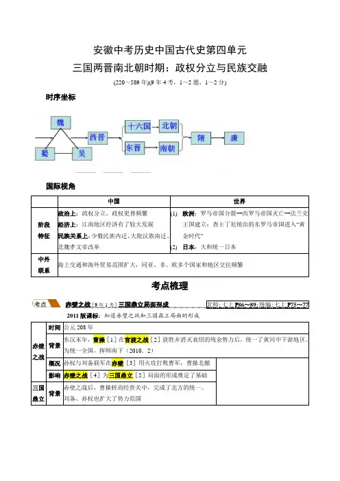 2019安徽中考历史考点梳理(中国古代史第四单元  三国两晋南北朝时期：政权分立与民族交融)