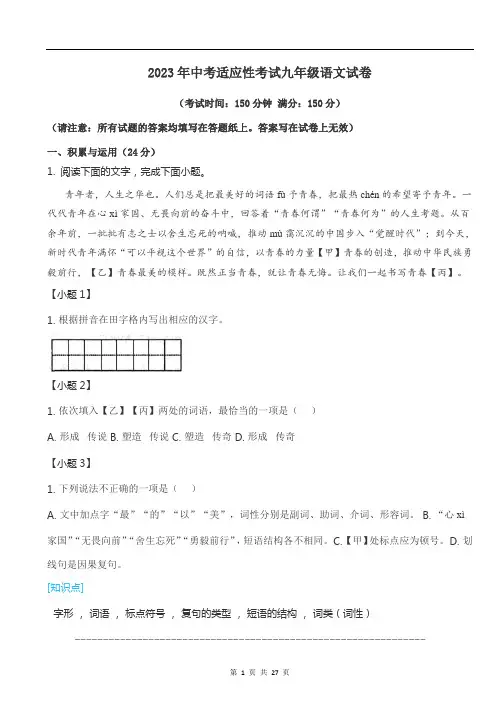 2023年中考适应性考试九年级语文试卷含答案解析