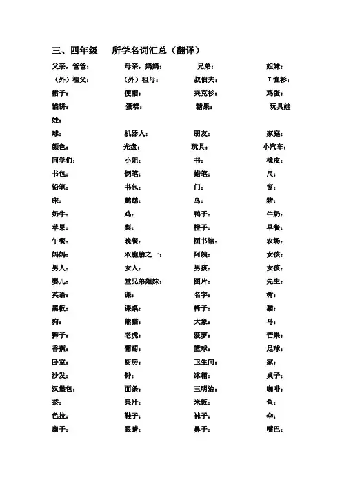 苏教版英语小学三-六年级单词名词汇总 小升初复习默写