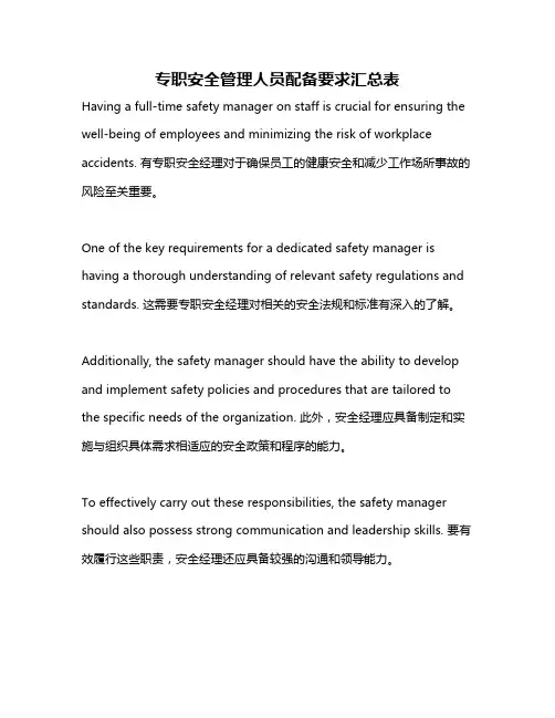专职安全管理人员配备要求汇总表