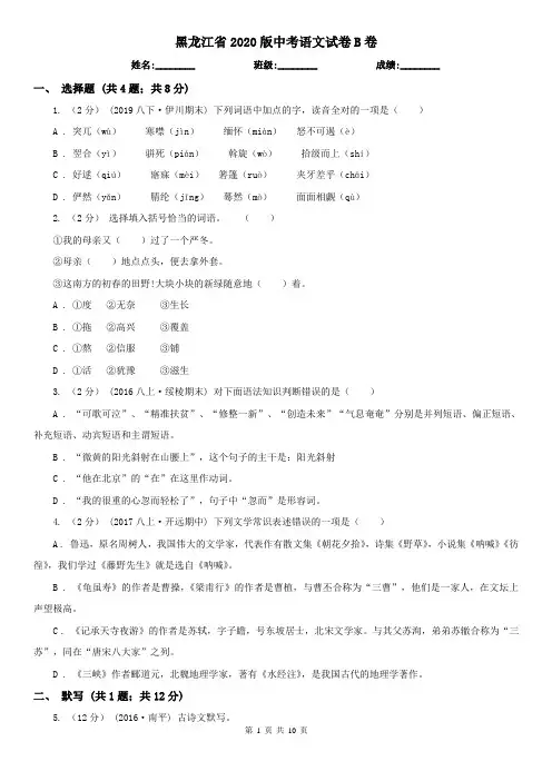 黑龙江省2020版中考语文试卷B卷(精编)