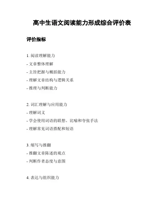 高中生语文阅读能力形成综合评价表