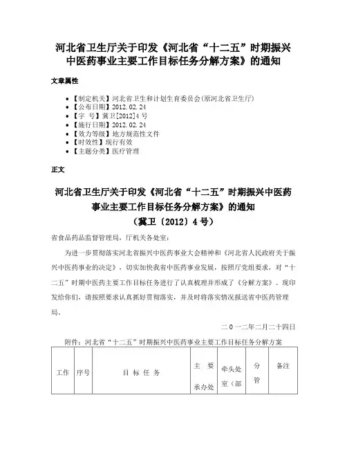 河北省卫生厅关于印发《河北省“十二五”时期振兴中医药事业主要工作目标任务分解方案》的通知