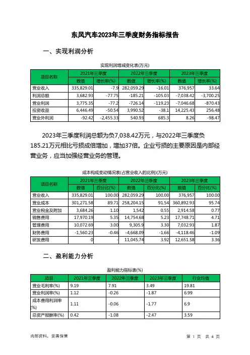 600006东风汽车2023年三季度财务指标报告