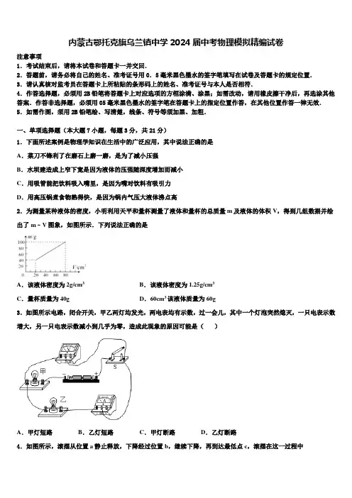 内蒙古鄂托克旗乌兰镇中学2024届中考物理模拟精编试卷含解析