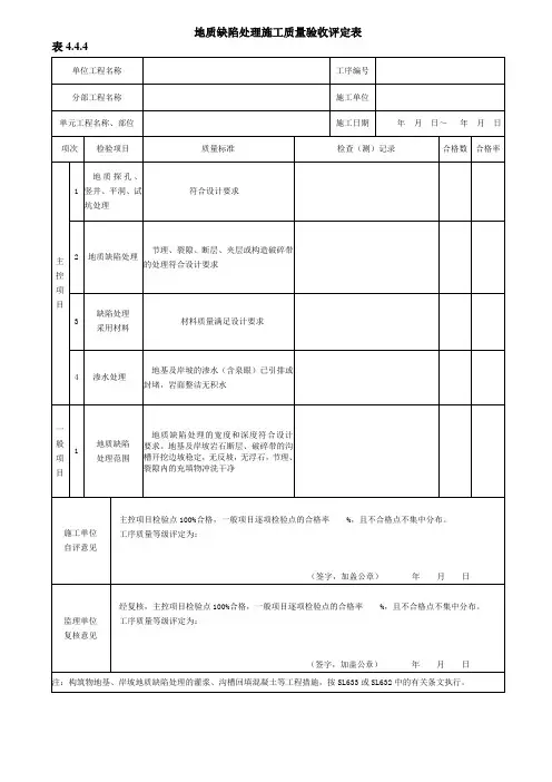 地质缺陷处理施工质量验收评定表